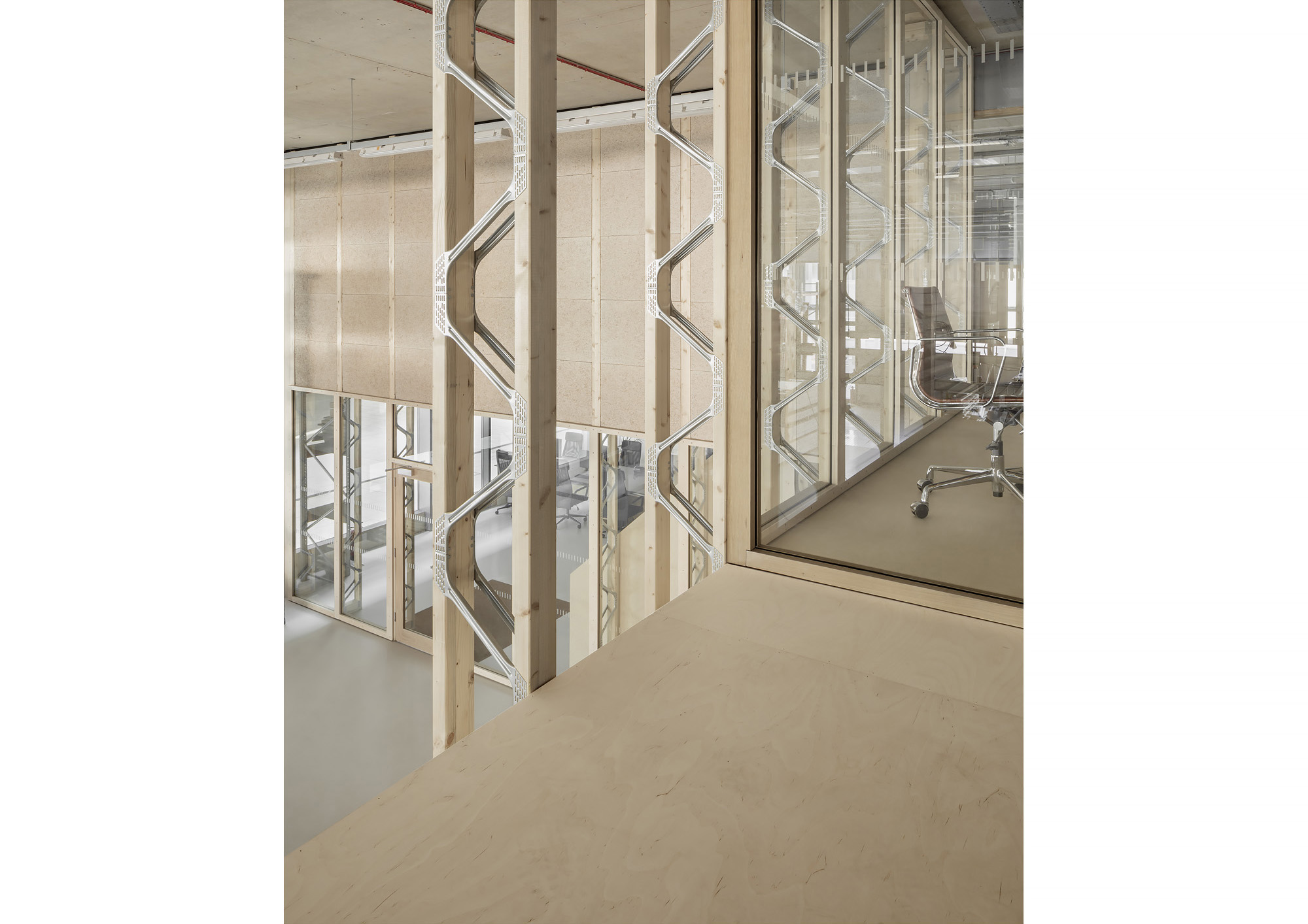 Erbar Mattes Architects Here East Stratford Hackney Plykea workshop showroom office refurbishment retrofit interior fit out timber studwork open web joists wood wool boards Ståle Eriksen